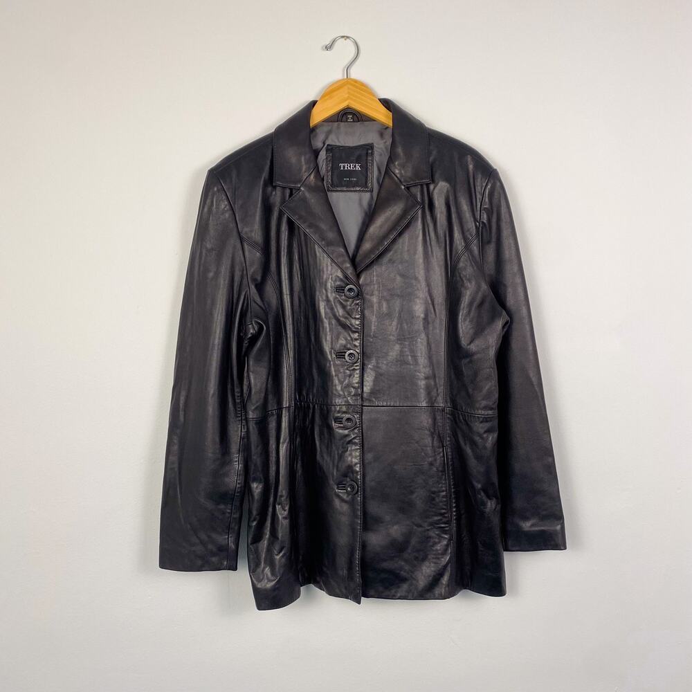 Trek New York Men's Vintage 100% Leather Blazer Jacket Black